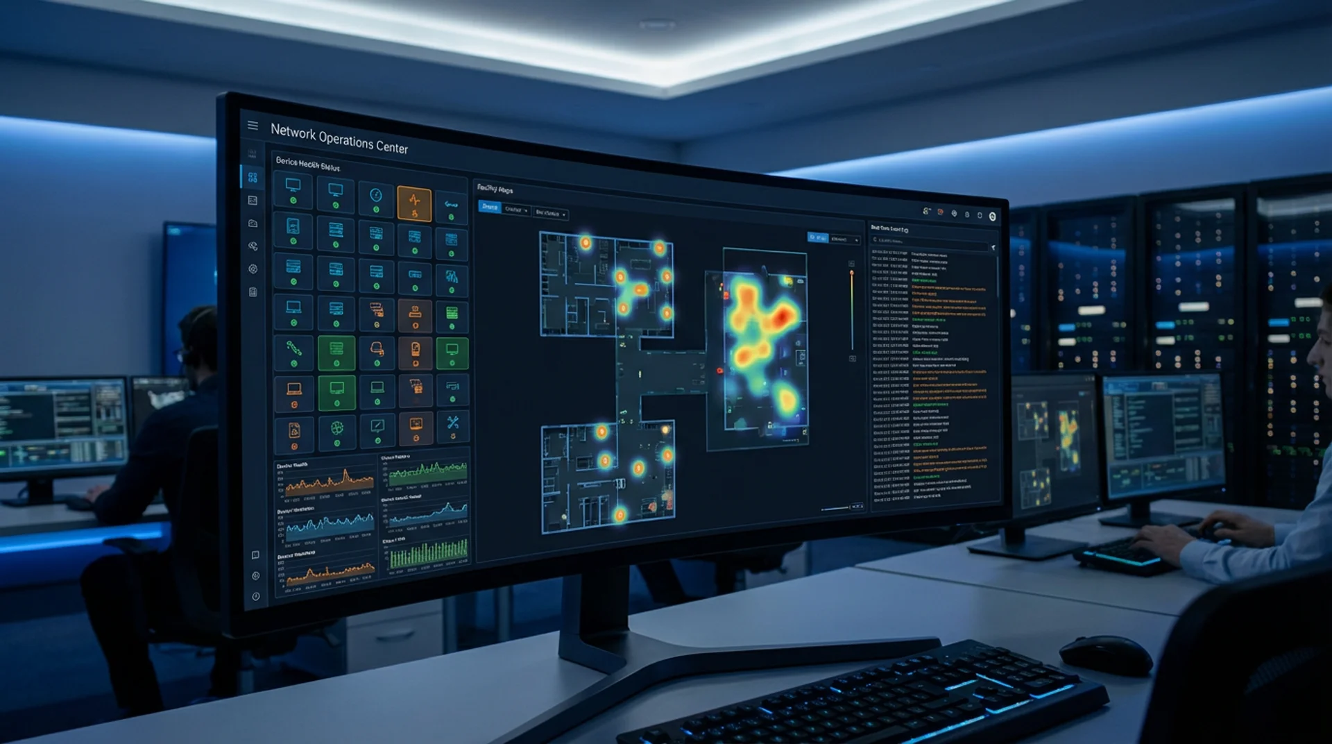 Operations center dashboard showing industrial monitoring and analytics